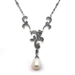 Marcasite and Freshwater Pearl Sterling Scroll Necklace